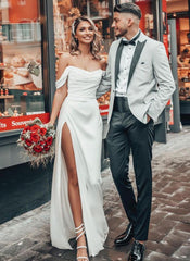 Off The Shoulder A Line Satin Wedding Dress With Split Front