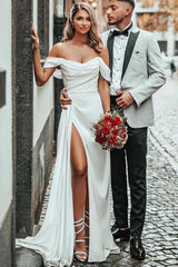 Off The Shoulder A Line Satin Wedding Dress With Split Front