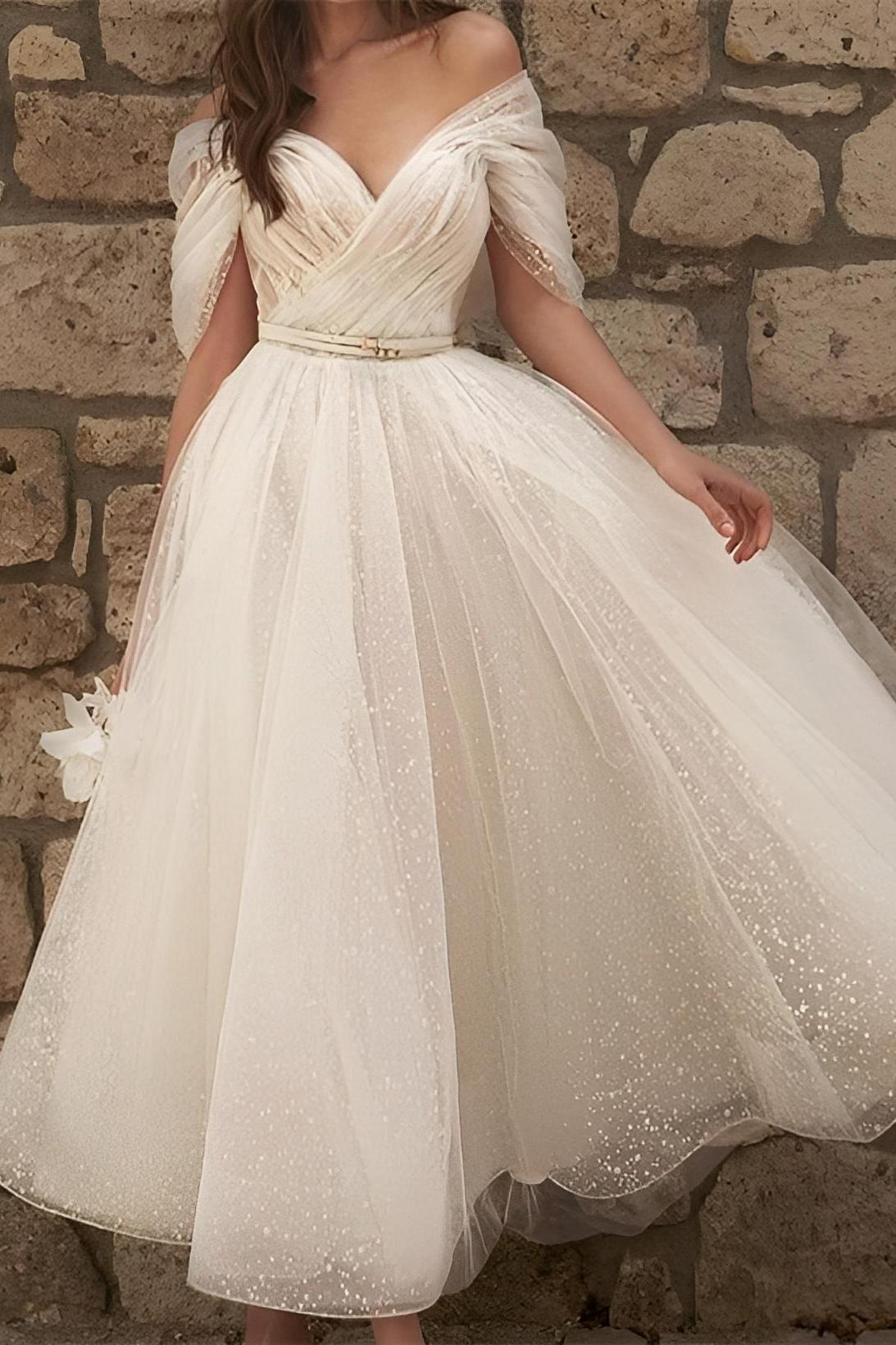 Off The Shoulder A Line Tea Length Tulle Wedding Dress
