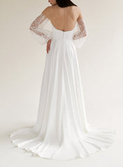Off The Shoulder A Line Wedding Dress with Long Sleeves and Split Front