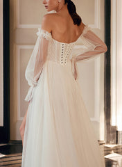 Off The Shoulder A Line Wedding Dress with Long Sleeves and Split Front