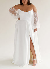 Off The Shoulder A Line Wedding Dress with Long Sleeves and Split Front