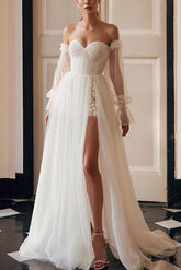 Off The Shoulder A Line Wedding Dress with Long Sleeves and Split Front