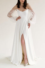 Off The Shoulder A Line Wedding Dress with Long Sleeves and Split Front