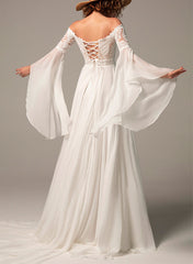 Off The Shoulder A Line Wedding Dress with Long Sleeves in Chiffon/Lace