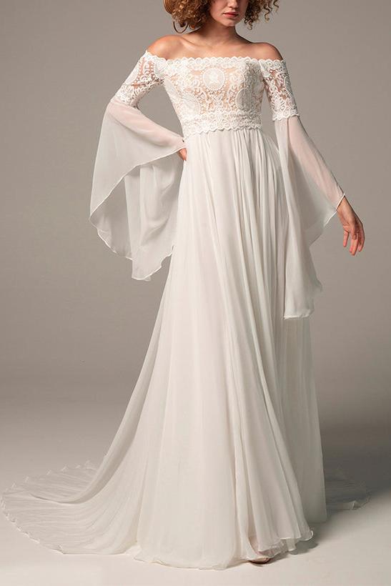 Off The Shoulder A Line Wedding Dress with Long Sleeves in Chiffon/Lace