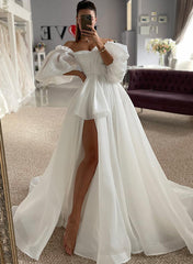 Off The Shoulder A Line Wedding Dress with Split Front and 1/2 Sleeves