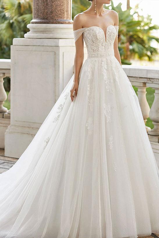 Off The Shoulder Ball Gown Wedding Dress With Short Sleeves Tulle Lace and Appliques