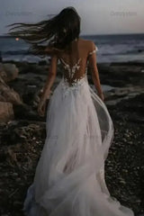 Off The Shoulder Beach Wedding Dress Tulle Lace Appliqued Bridal Gown