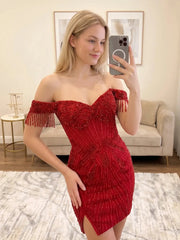 Dressystars Off-The-Shoulder Beaded Sequin Bodycon Homecoming Dresses Mini Cocktail Dress with Fringe Tassels