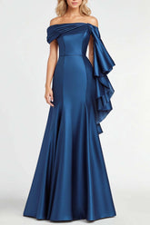 Off The Shoulder Dark Blue Wedding Guest Dress Mermaid Satin Long Formal Dress With Ruffles