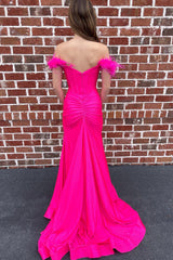 Off The Shoulder Hot Pink Prom Dress Mermaid Long Evening Dress with Feathers