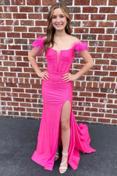 Off The Shoulder Hot Pink Prom Dress Mermaid Long Evening Dress with Feathers