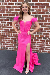 Off The Shoulder Hot Pink Prom Dress Mermaid Long Evening Dress with Feathers