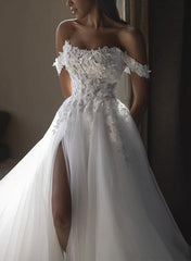 Off The Shoulder Lace/Tulle Wedding Dress With Split Front