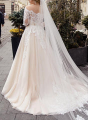 Off The Shoulder Long Sleeves Ball Gown Wedding Dress With Boho Lace/Tulle