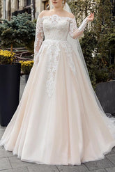 Off The Shoulder Long Sleeves Ball Gown Wedding Dress With Boho Lace/Tulle