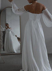 Off The Shoulder Long Sleeves Floor Length Tulle Wedding Dress