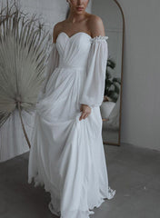 Off The Shoulder Long Sleeves Floor Length Tulle Wedding Dress
