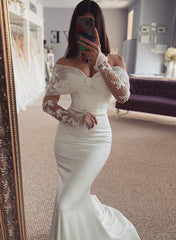 Off The Shoulder Long Sleeves Lace/Elastic Satin Wedding Dress for Mermaids