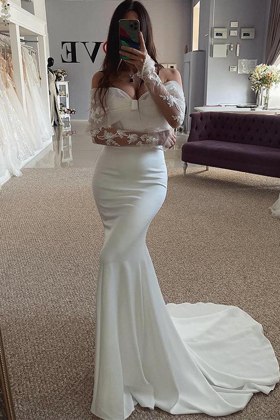 Off The Shoulder Long Sleeves Lace/Elastic Satin Wedding Dress for Mermaids