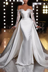 Off The Shoulder Long Sleeves Mermaid Trumpet Satin Wedding Dress With Panel Train