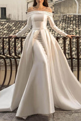 Off The Shoulder Long Sleeves Pearl Detachable Wedding Dress