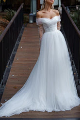 Off The Shoulder Long Sleeves Sweep Train Tulle Wedding Dress