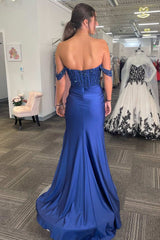 Off The Shoulder Navy Prom Dress Mermaid Evening Dress with Slit
