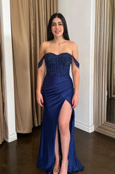 Off The Shoulder Navy Prom Dress Mermaid Evening Dress with Slit