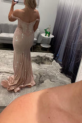 Off The Shoulder Prom Dress Blush Mermaid Beaded Satin Long Formal Dress With Appliques
