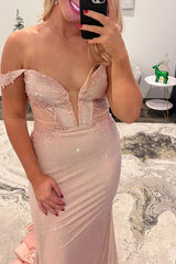 Off The Shoulder Prom Dress Blush Mermaid Beaded Satin Long Formal Dress With Appliques