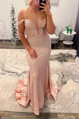 Off The Shoulder Prom Dress Blush Mermaid Beaded Satin Long Formal Dress With Appliques