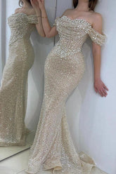 Off The Shoulder Prom Dresses Mermaid Sequined Evening Formal Dresses