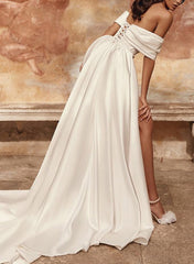 Off The Shoulder Short Wedding Dress Satin Bridal Dress with Panel Train