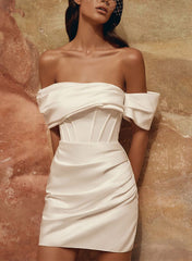 Off The Shoulder Short Wedding Dress Satin Bridal Dress with Panel Train
