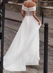 Off The Shoulder Sleeveless A Line Lace/Tulle Wedding Dress with Sweep Train