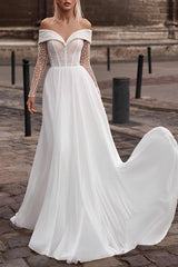 Off The Shoulder Sleeveless A Line Lace/Tulle Wedding Dress with Sweep Train