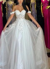 Off The Shoulder Sleeveless A Line Sweep Train Wedding Dress