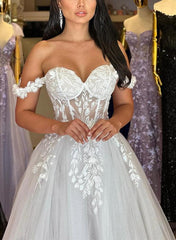 Off The Shoulder Sleeveless A Line Sweep Train Wedding Dress