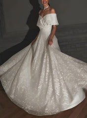 Off The Shoulder Sleeveless A Line Wedding Dress with Sweep Train and Sequin Detail