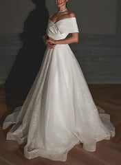 Off The Shoulder Sleeveless A Line Wedding Dress with Sweep Train and Sequin Detail