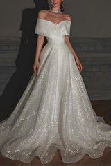 Off The Shoulder Sleeveless A Line Wedding Dress with Sweep Train and Sequin Detail