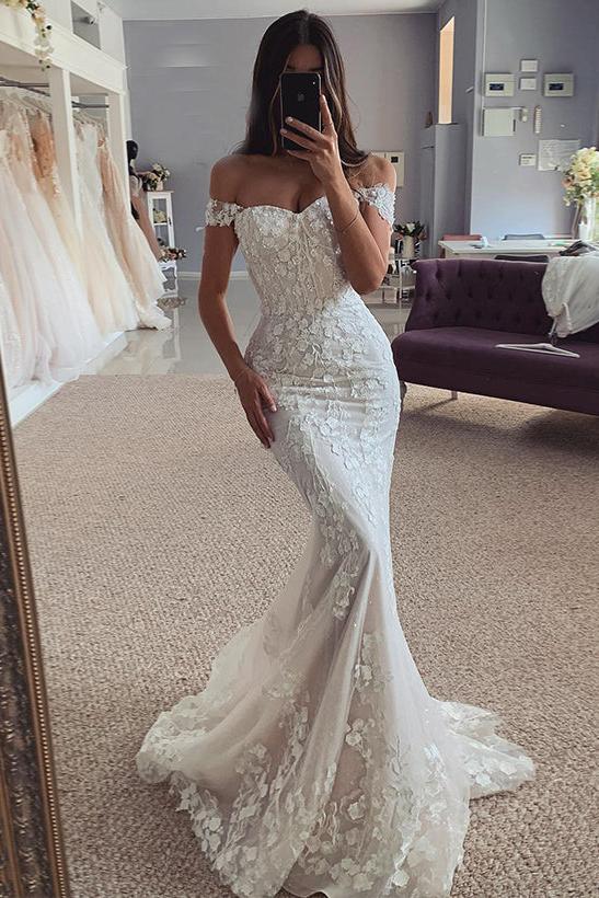 Off The Shoulder Sleeveless Lace Wedding Dress for Trumpet/Mermaid