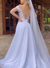 Off The Shoulder Sleeveless Lace Wedding Dress with A Line Silhouette and Sweep Train