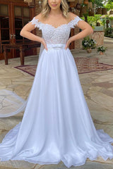 Off The Shoulder Sleeveless Lace Wedding Dress with A Line Silhouette and Sweep Train