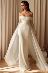 Off The Shoulder Sleeveless Sweep Train Sequined Wedding Dress With Panel Train