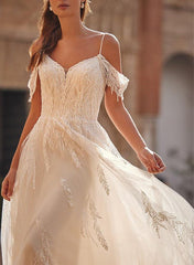 Off The Shoulder Sleeveless Tulle Wedding Dress With Appliques Lace