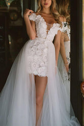 Off The Shoulder Sleeveless Wedding Dress with Detachable Sheath/Column
