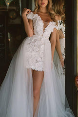 Off The Shoulder Sleeveless Wedding Dress with Detachable Sheath/Column